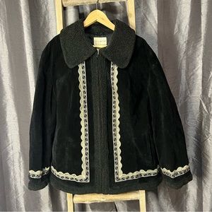 White Stag Vintage Black Suede Leather Embroidered Trim Coat 3X